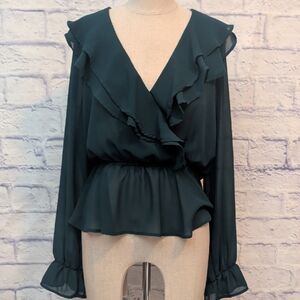 LIFE Love Is For Eternity Dark Green Semi-sheer Ruffle Blouse - Size Medium